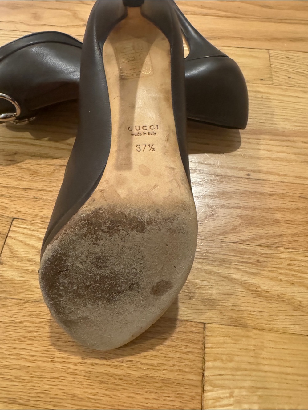 Gucci Dark Brown Leather Horsebit Peep Toe Pumps Heels Size 37.5 / US 7.5 - Picture 7 of 9